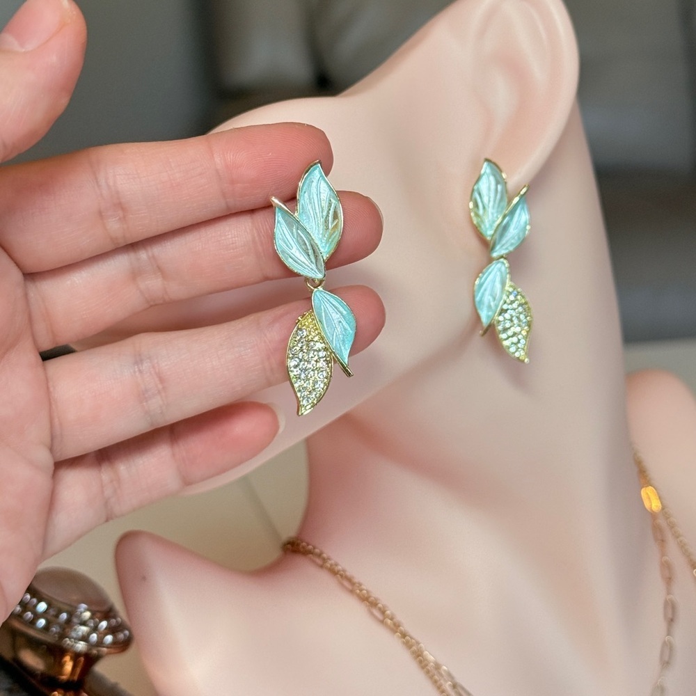 Gold Aqua Leaf Drop Earrings with Crystals - Picture 4 of 10